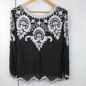 Gunit| Elegant Black White Women's Heavy Beaded Silk Top Vintage Stunning Sz.M